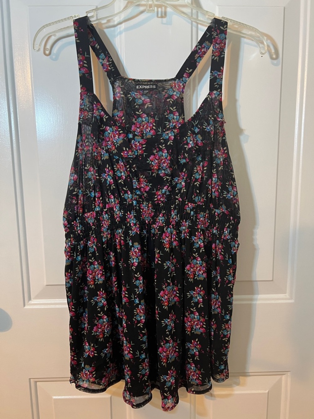 Express Black Floral Smocked Tank with Pink & Blue Blooms